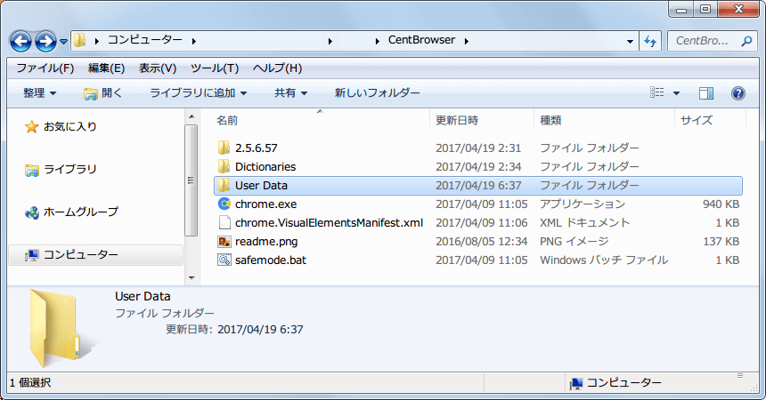 CentBrowser ポータブル版の場合、ポータブル版の実行ファイル chrome.exe と同じ階層にプロファイルフォルダ
 「User Data」 が作成される