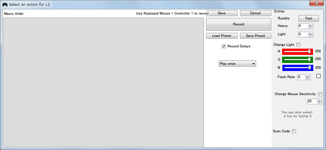 DS4Windows マクロ設定画面、Record Delays にチェックマークを入れて Record ボタンをクリック