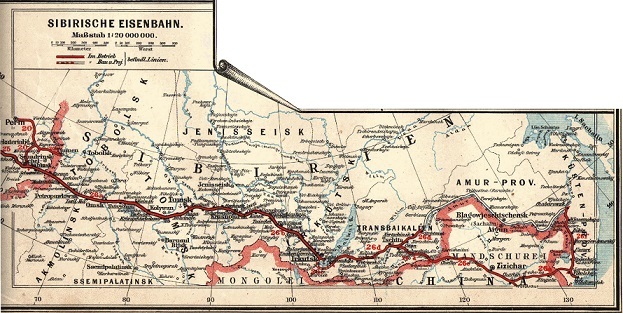 シベリア鉄道路線地図（1897年当時、ドイツで発行）