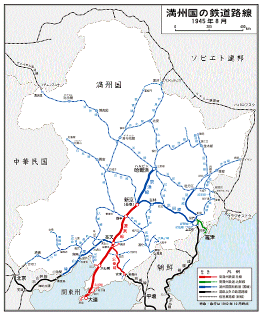 満州国の鉄道路線図（赤-社線、緑-北鮮線、青-国線）